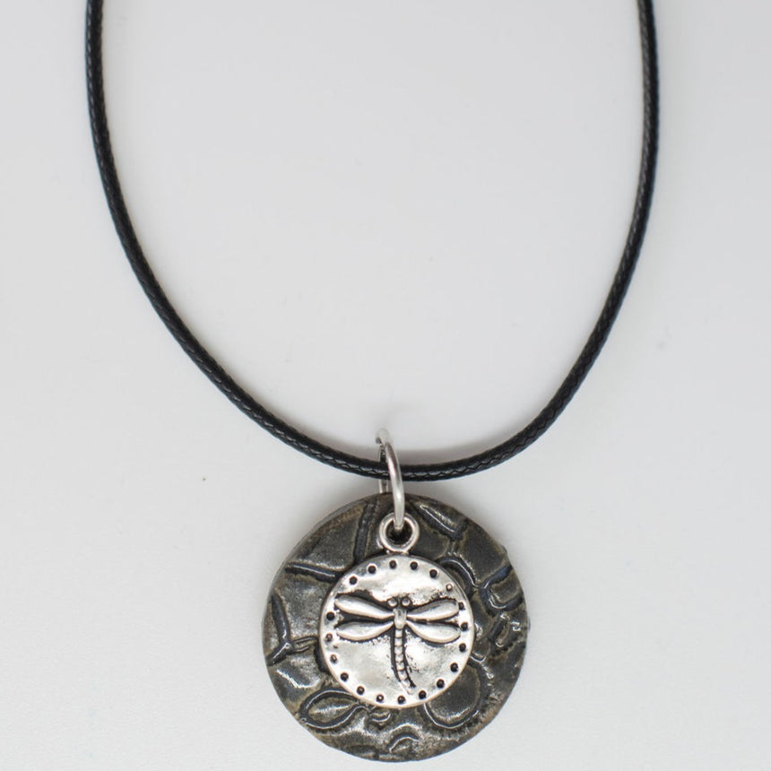 Circle Dragonfly On Dark Forest Green Pottery Pendant